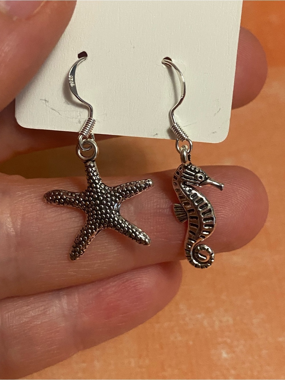 Sterling-Style Starfish & Seahorse Drop Earrings - Silver Tone